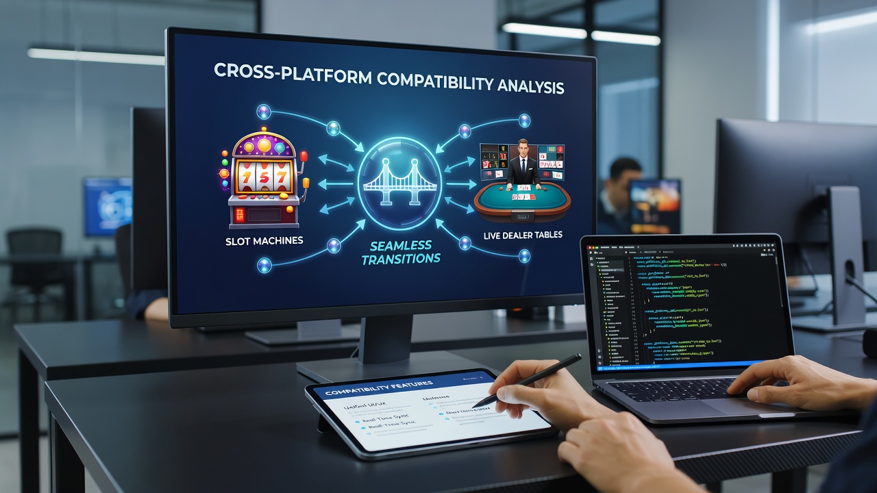 Cross-platform casino interface showing slot machines transitioning to live dealer tables on multiple devices