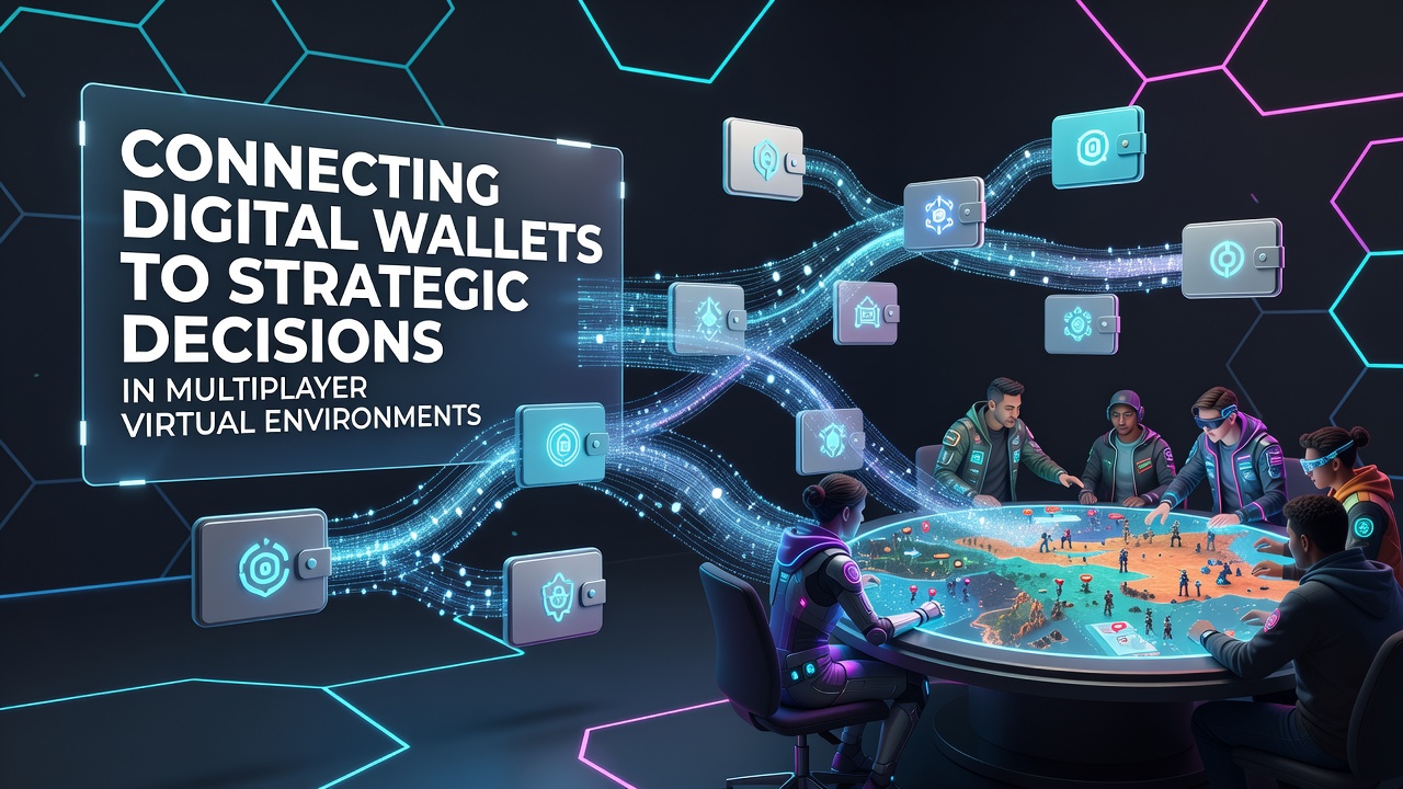 Digital wallet interface overlaid on a multiplayer virtual environment showing in-game economy tools and player decision dashboards