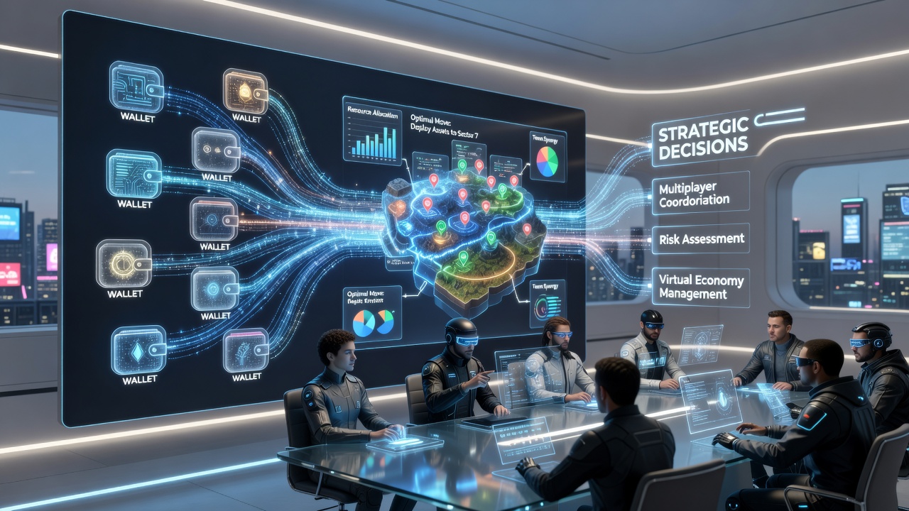 Strategic planning session in a virtual environment with players reviewing digital wallet balances and projected asset values on shared dashboards