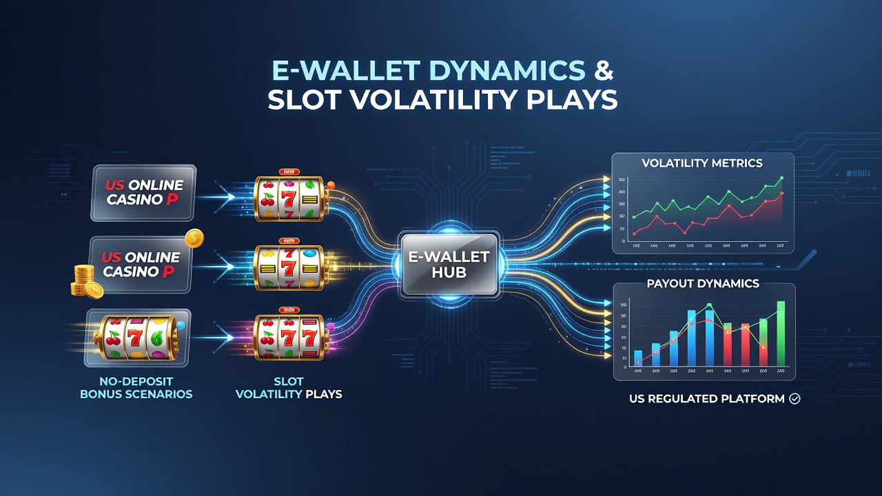 Slot game interface displaying volatility settings and e-wallet balance during a no-deposit bonus round