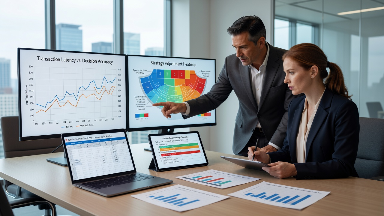 Analytics dashboard displaying transaction latency alongside blackjack strategy adjustment logs