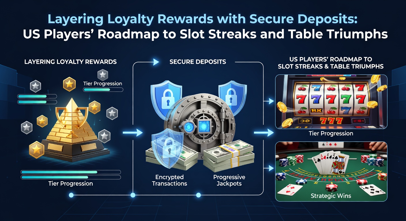 US casino player reviewing loyalty app on phone next to slot machine payout screen, highlighting reward tiers and deposit options