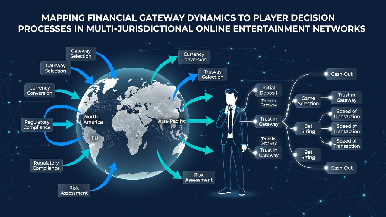 Diagram showing connections between payment gateways and player decision flows across international online gaming networks