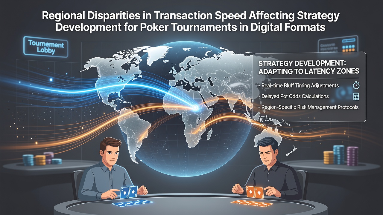 Digital poker interface showing transaction status across multiple regional servers during an online tournament