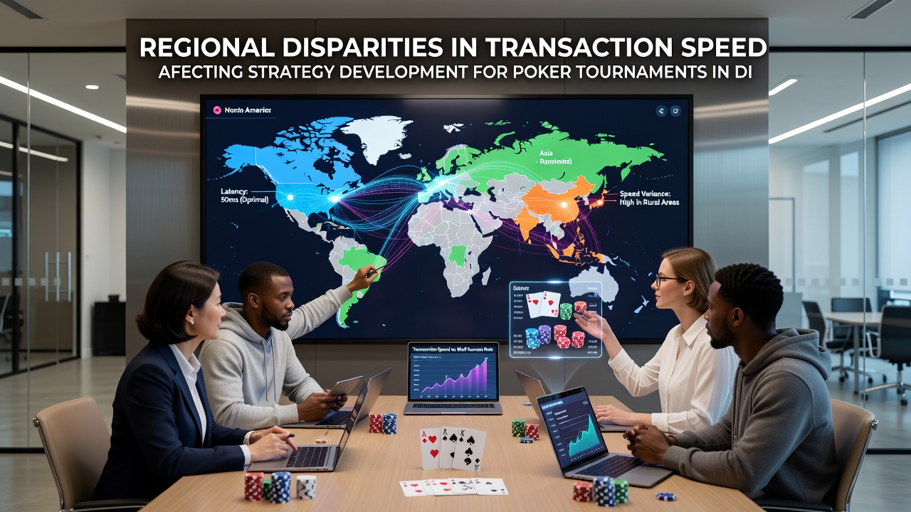 Map overlay highlighting transaction speed variations between North American, European, and Asia-Pacific poker servers