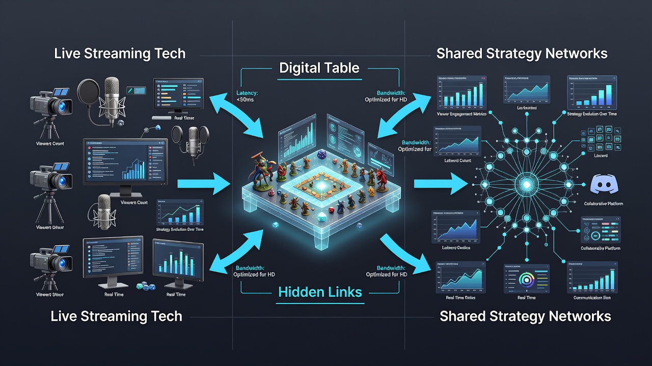 Network diagram illustrating connections between streaming servers and collaborative strategy databases in table play environments