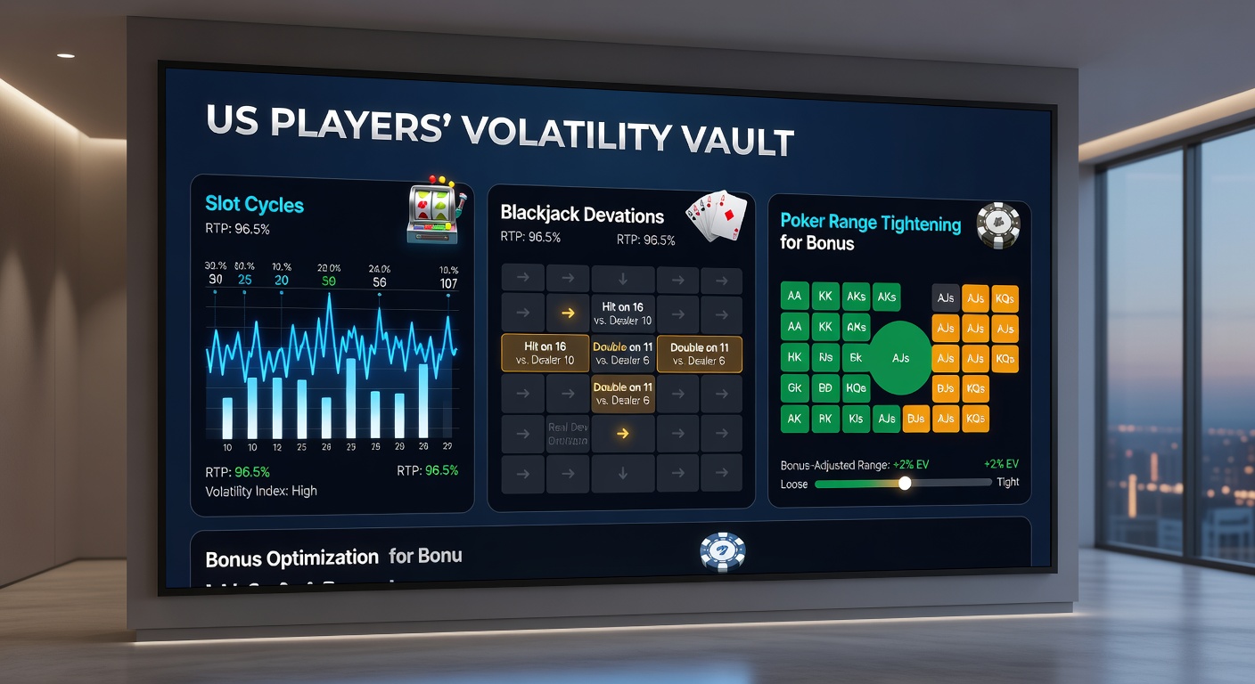 Close-up of blackjack table with cards showing a deviation play, alongside poker chips and slot payout screen in a vibrant casino setting
