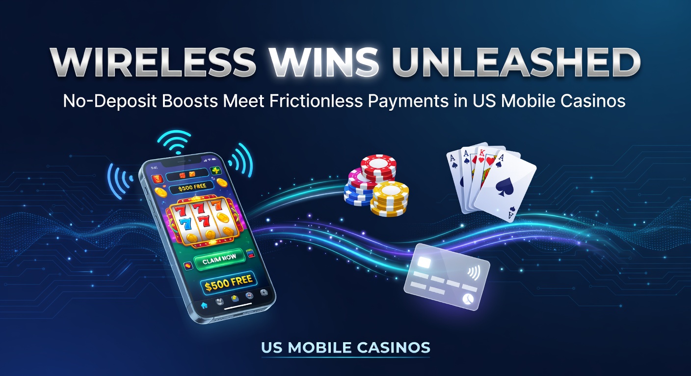 Smartphone screen displaying a US mobile casino app with no-deposit bonus offer and instant payment options active